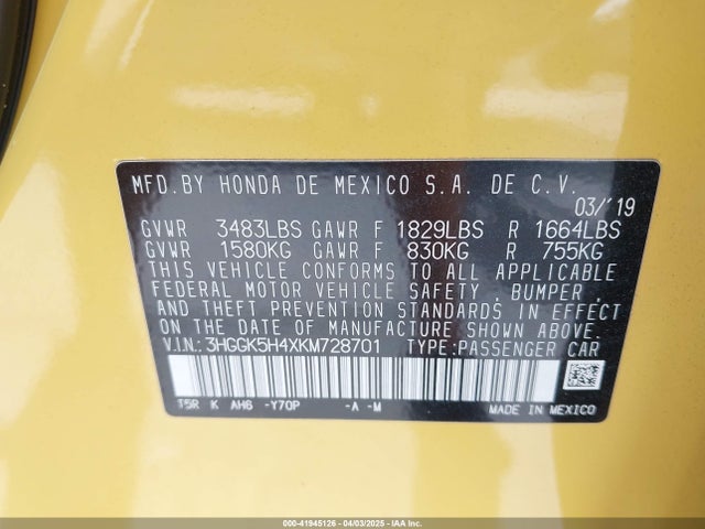 3HGGK5H4XKM728701 Honda FIT LX