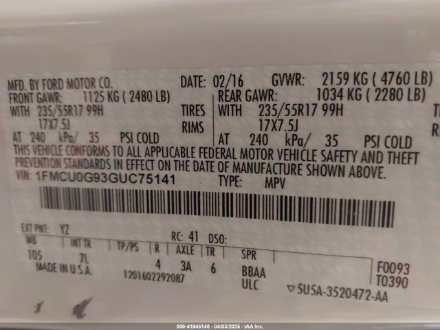 1FMCU0G93GUC75141 Ford ESCAPE SE