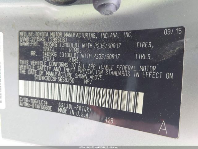 5TDYK3DC9FS659350 Toyota Sienna Xle 8 Passenger
