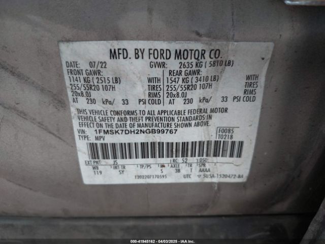 1FMSK7DH2NGB99767 Ford EXPLORER XLT