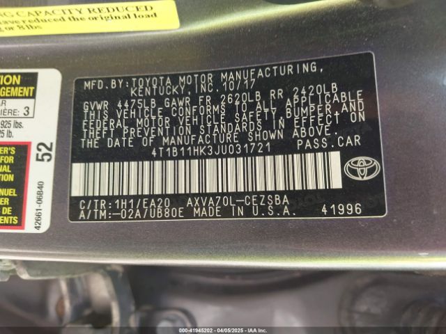 4T1B11HK3JU031721 Toyota CAMRY SE