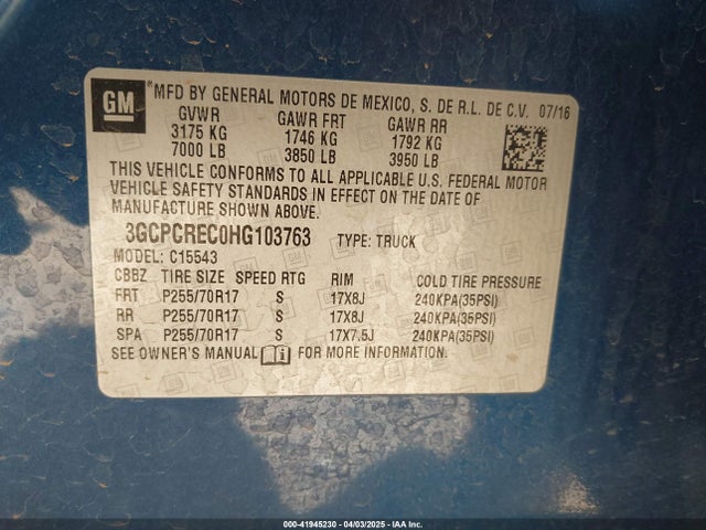 3GCPCREC0HG103763 Chevrolet Silverado 1500 1lt