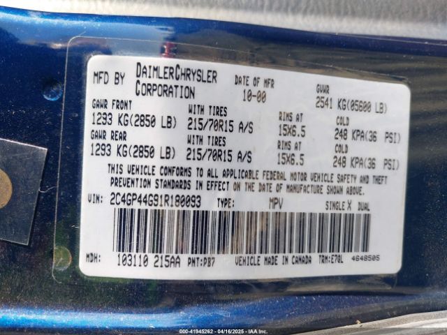 2001 CHRYSLER TOWN & COUNTRY 2C4GP44G91R180093 Photo 8