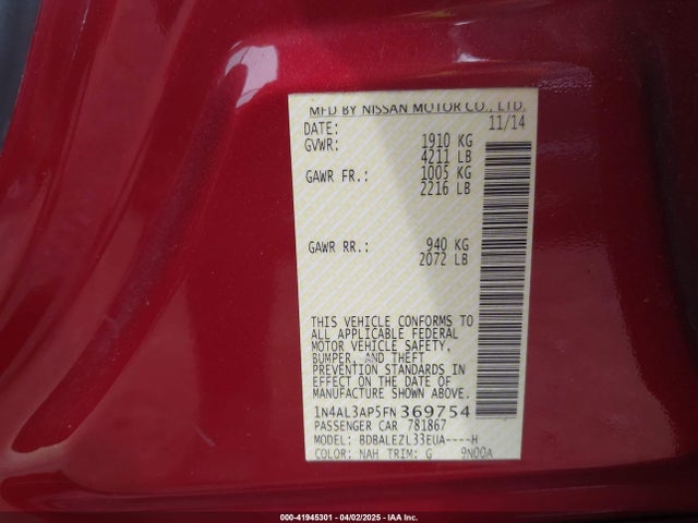 1N4AL3AP5FN369754 Nissan Altima 2.5 S