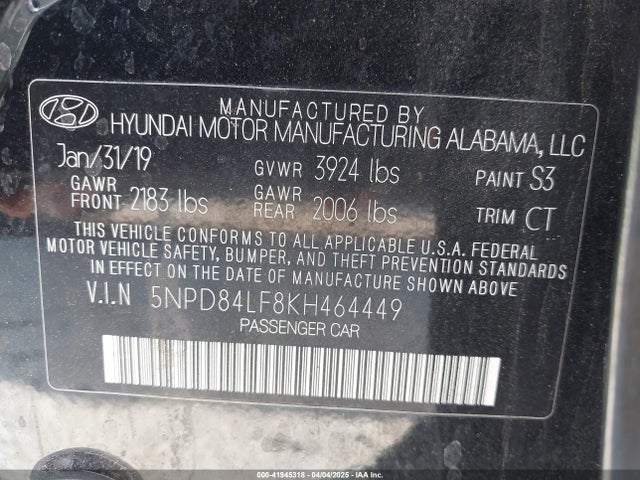5NPD84LF8KH464449 Hyundai Elantra Value Edition
