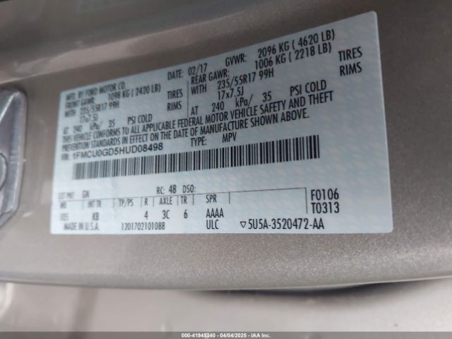 1FMCU0GD5HUD08498 Ford ESCAPE SE