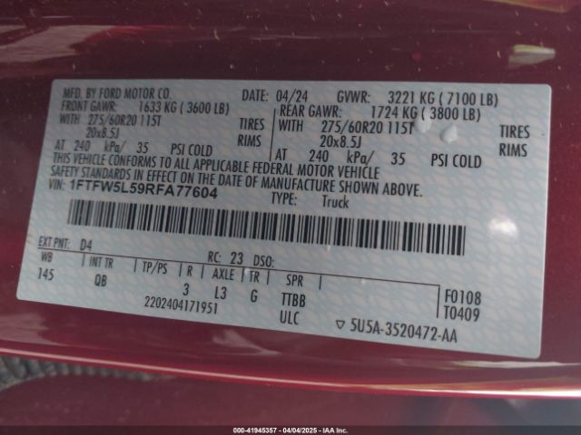 1FTFW5L59RFA77604 Ford F-150 Lariat