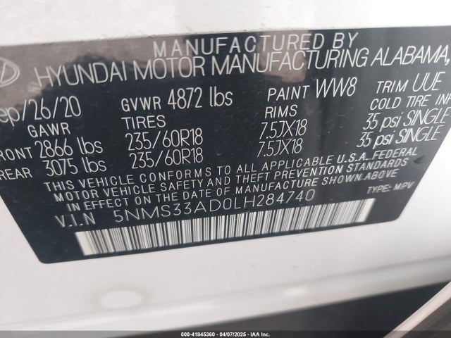 5NMS33AD0LH284740 Hyundai Santa Fe Sel