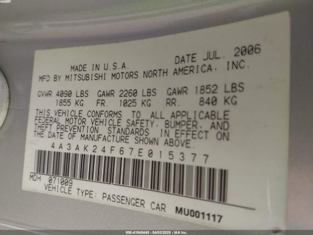 2007 MITSUBISHI ECLIPSE 4A3AK24F67E015377 Photo 8