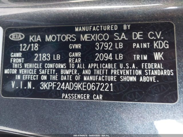 3KPF24AD9KE067221 KIA Forte Lxs