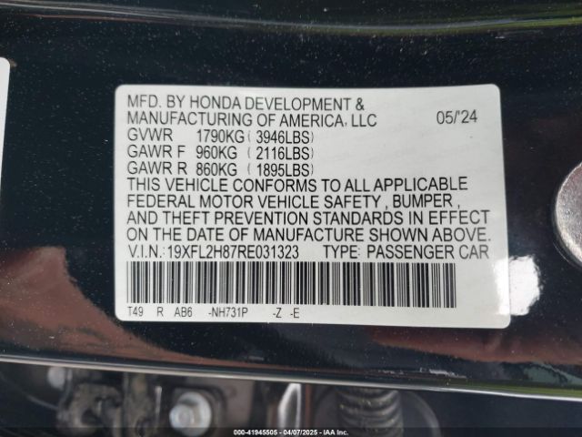 19XFL2H87RE031323 Honda Civic Sport