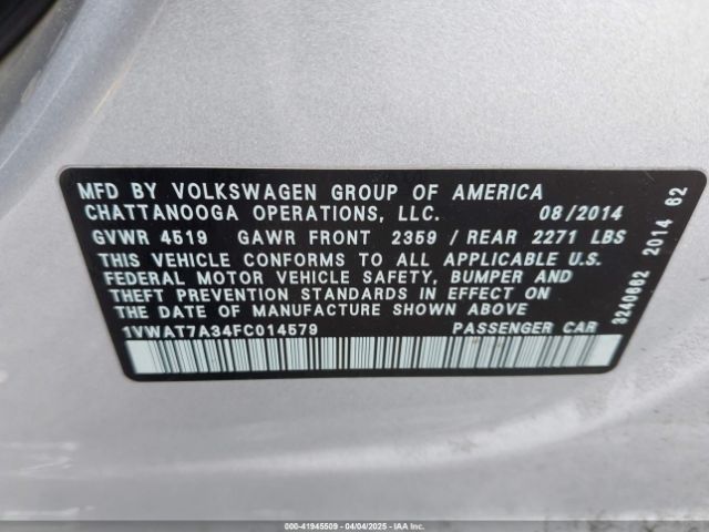 1VWAT7A34FC014579 Volkswagen Passat 1.8t Wolfsburg Edition