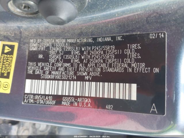 5TDDKRFHXES021214 Toyota Highlander Limited V6