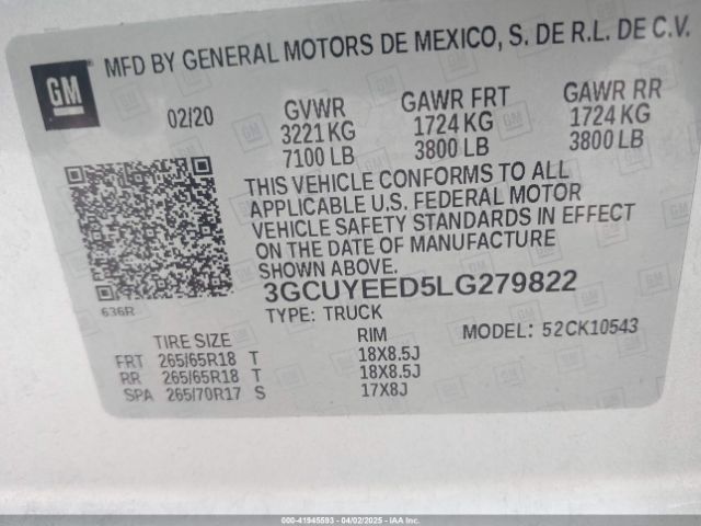 3GCUYEED5LG279822 Chevrolet Silverado 1500 4wd  Short Bed Rst