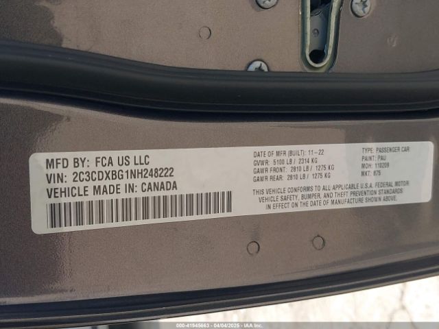 2C3CDXBG1NH248222 Dodge Charger Sxt Rwd