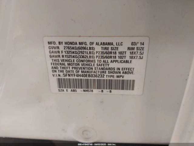 5FNYF4H40EB036232 Honda Pilot Ex