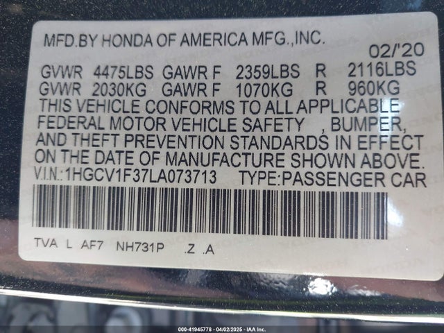 1HGCV1F37LA073713 Honda Accord Sport