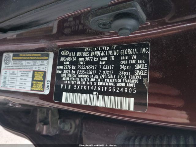 5XYKT4A61FG624905 KIA SORENTO LX