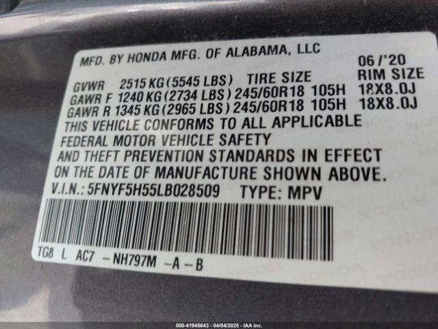 5FNYF5H55LB028509 Honda Pilot 2wd Ex-l