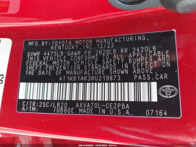 4T1K61AK3RU219873 Toyota CAMRY XSE