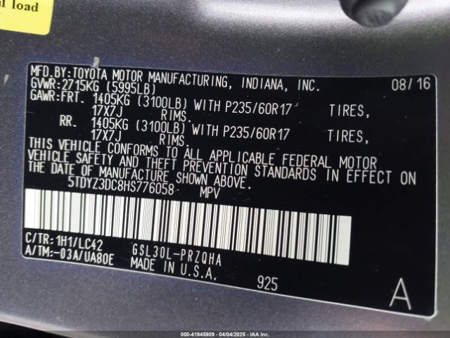5TDYZ3DC8HS776058 Toyota Sienna Xle 8 Passenger