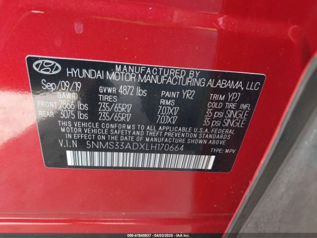 5NMS33ADXLH170664 Hyundai Santa Fe Sel