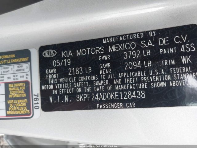 3KPF24AD0KE128438 KIA Forte Lxs