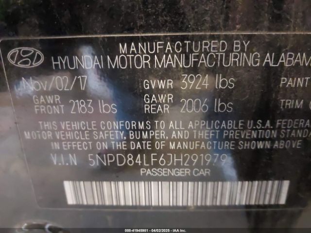 5NPD84LF6JH291979 Hyundai ELANTRA SEL