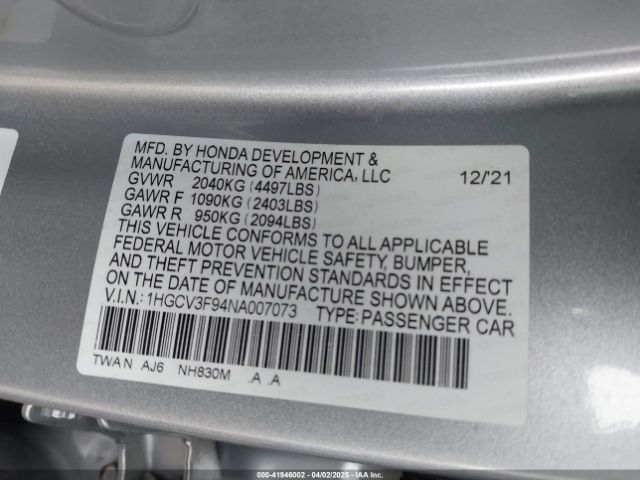 1HGCV3F94NA007073 Honda Accord Hybrid Touring