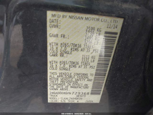 1N6AD0ER6FN729368 Nissan Frontier Sv