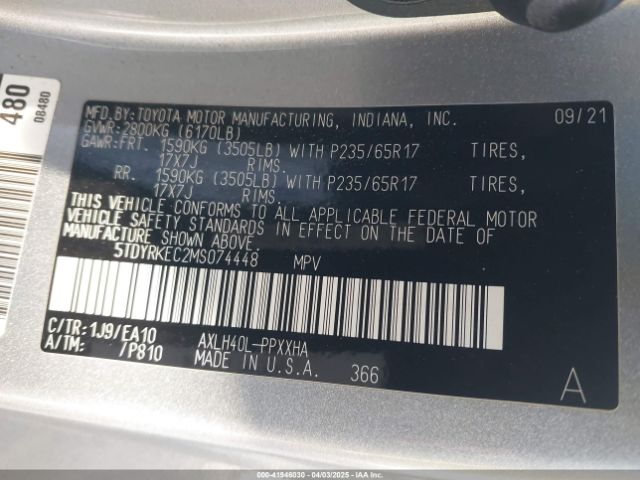 5TDYRKEC2MS074448 Toyota SIENNA XLE