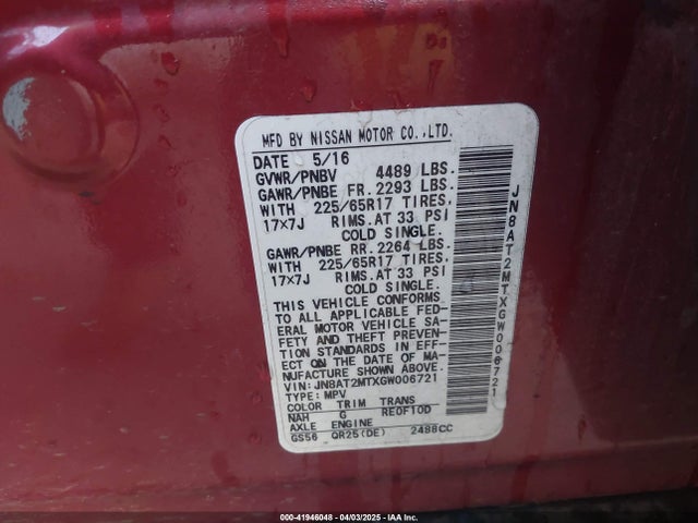 JN8AT2MTXGW006721 Nissan ROGUE S