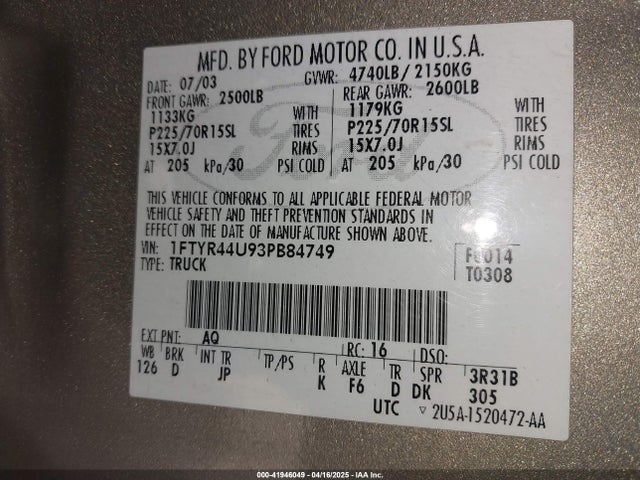 Aukcja sprzedaży 2003 Ford Ranger Edge/tremor/xlt, vin: 1FTYR44U93PB84749, numer aukcji: 41946049