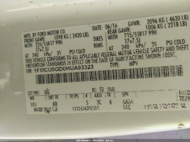 1FMCU0GD0HUA93323 Ford ESCAPE SE