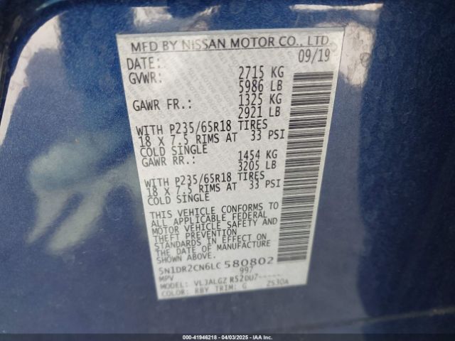 5N1DR2CN6LC580802 Nissan Pathfinder Sl 2wd