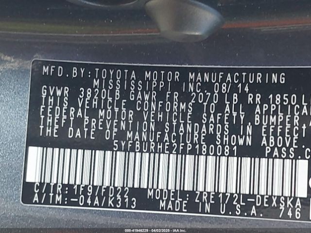 5YFBURHE2FP180081 Toyota Corolla S Plus