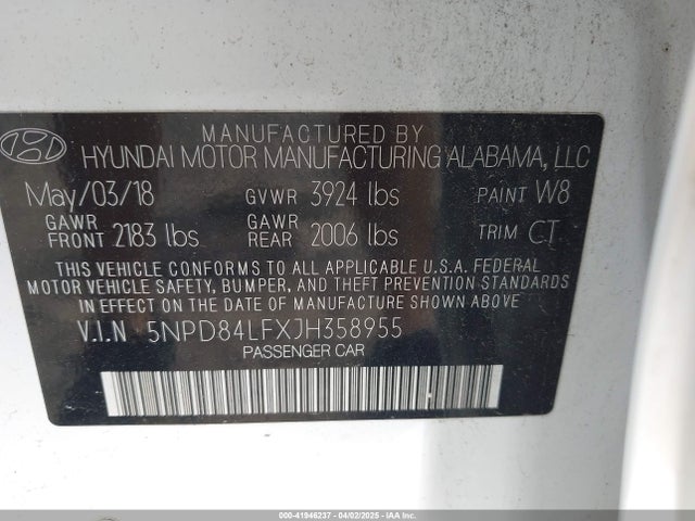 5NPD84LFXJH358955 Hyundai mpi nu