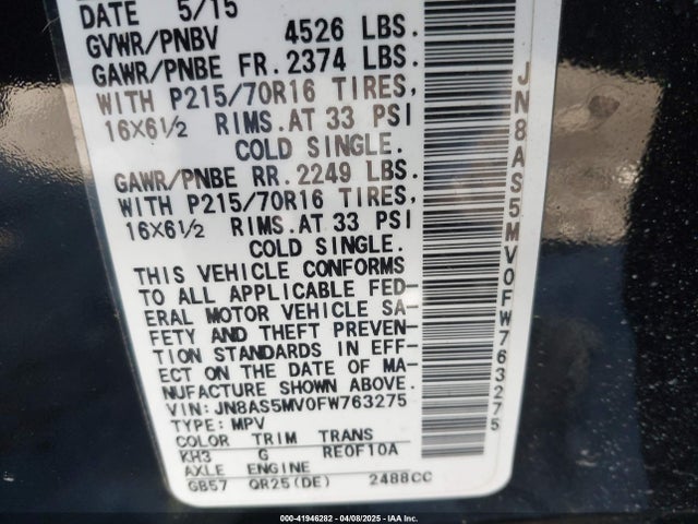 JN8AS5MV0FW763275 Nissan Rogue Select S