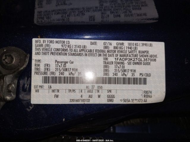 1FADP3K27GL357008 Ford FOCUS SE