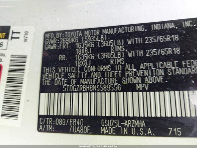 5TDGZRBH8NS589556 Toyota 2gr-fks