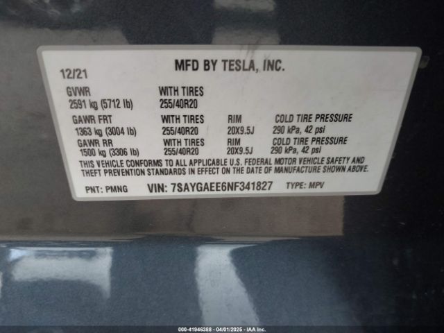 7SAYGAEE6NF341827 Tesla Model Y Long Range Dual Motor All-wheel Drive
