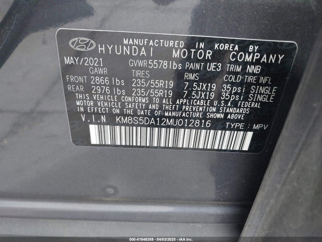 KM8S5DA12MU012816 Hyundai Santa Fe Hybrid Limited