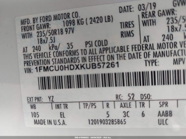1FMCU0HDXKUB57261 Ford ESCAPE SEL