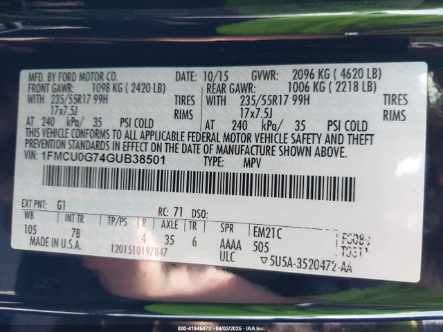1FMCU0G74GUB38501 Ford ESCAPE SE