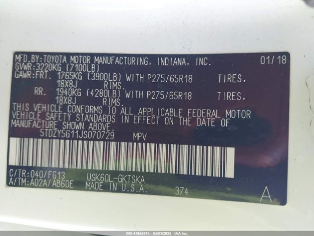 5TDZY5G11JS070729 Toyota Sequoia Sr5