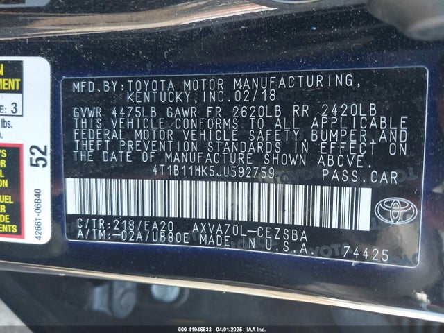 4T1B11HK5JU592759 Toyota CAMRY SE
