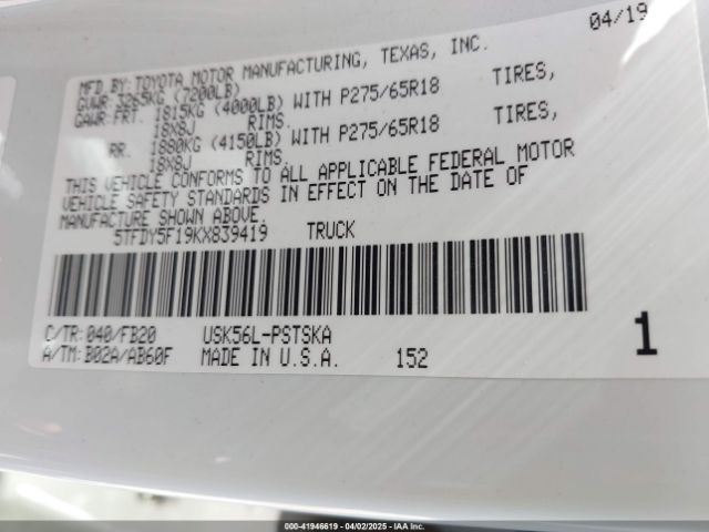 2019 TOYOTA TUNDRA 5TFDY5F19KX839419 Photo 8