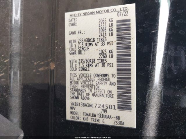 5N1BT3BA1NC724501 Nissan Rogue Sv Fwd