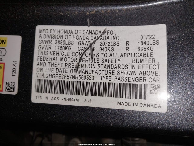 2HGFE2F57NH560533 Honda Civic Sport