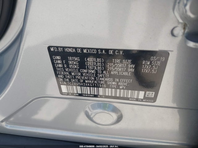 3CZRU5H3XKG711916 Honda HR-V LX